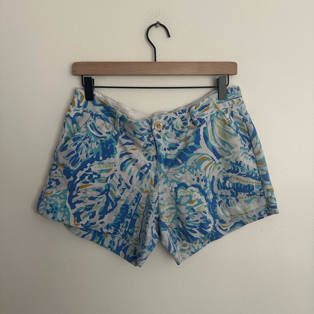 Lilly Pulitzer Callahan Stretch Knit Shorts "Blues w metal gold flecks" Size 8